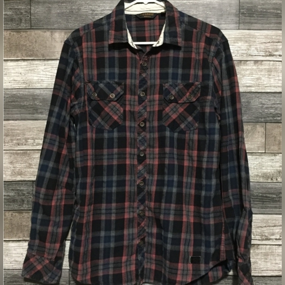 OUTPOST Makers button-down flannel shirt, men's size LG maroon blue black gray